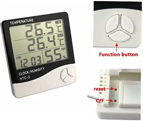 HTC-2 LCD Probe Thermometer / Hygrometer Sensor & Clock