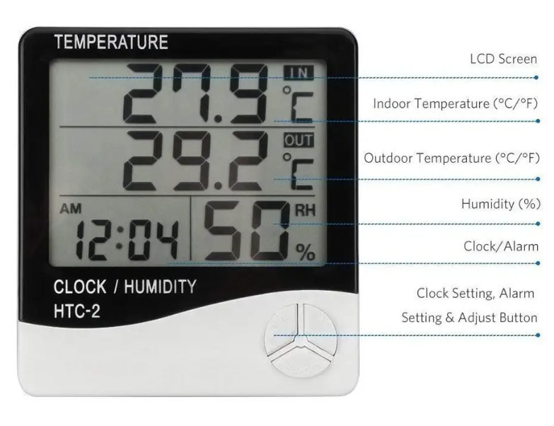 HTC-2 LCD Probe Thermometer / Hygrometer Sensor & Clock